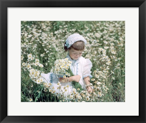 Framed Little Girl In White Hat And Dress Picking Daises Print