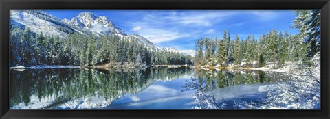 Framed Snow Covered Mountain And Trees Reflected In Lake, Grand Tetons, Wyoming Print