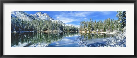 Framed Snow Covered Mountain And Trees Reflected In Lake, Grand Tetons, Wyoming Print