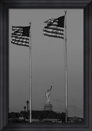 Framed Flags Fly Over Statue Of Liberty, Jersey City, New Jersey Print