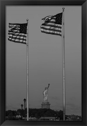 Framed Flags Fly Over Statue Of Liberty, Jersey City, New Jersey Print