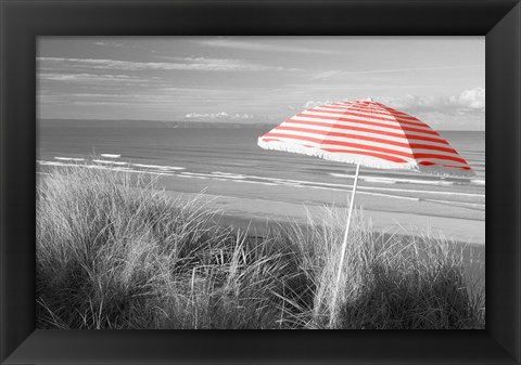 Framed Beach Umbrella On The Beach, Saunton, North Devon, England Print