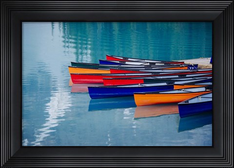 Framed Colorful Rowboats Moored In Calm Lake, Alberta, Canada Print