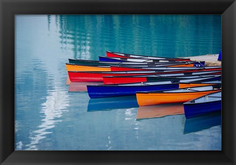 Framed Colorful Rowboats Moored In Calm Lake, Alberta, Canada Print