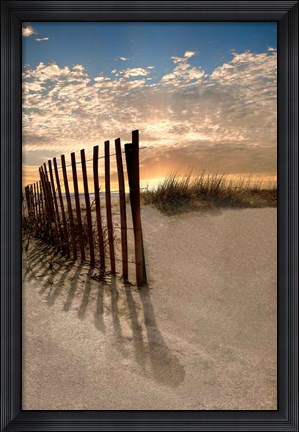 Framed Dune Fence At Sunrise Print