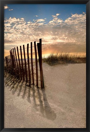 Framed Dune Fence At Sunrise Print