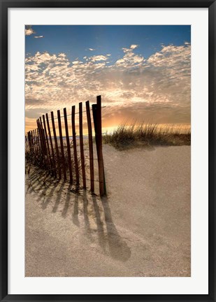 Framed Dune Fence At Sunrise Print