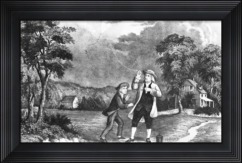 Framed June 1752 Benjamin Franklin Out Flying His Kite In Thunderstorm As An Experiment In Electricity And Lightning Print