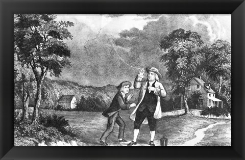 Framed June 1752 Benjamin Franklin Out Flying His Kite In Thunderstorm As An Experiment In Electricity And Lightning Print