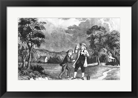 Framed June 1752 Benjamin Franklin Out Flying His Kite In Thunderstorm As An Experiment In Electricity And Lightning Print