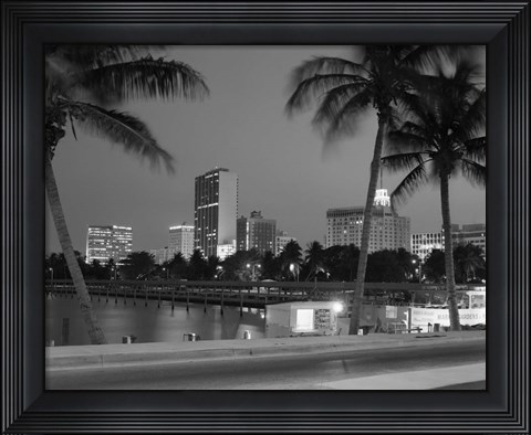 Framed Night View Skyline With Palm Trees Miami Florida Print