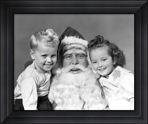Framed Santa Claus Posing With Young Boy And Girl Print