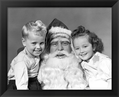 Framed Santa Claus Posing With Young Boy And Girl Print