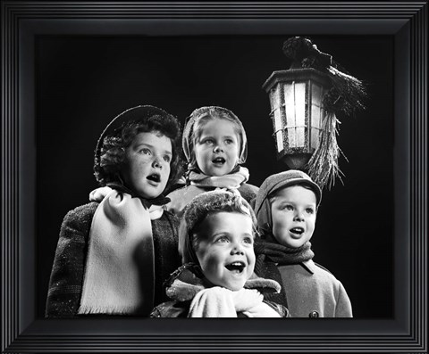 Framed Children Singing Christmas Carols Outdoor By Lantern Light Print