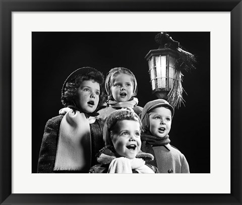 Framed Children Singing Christmas Carols Outdoor By Lantern Light Print