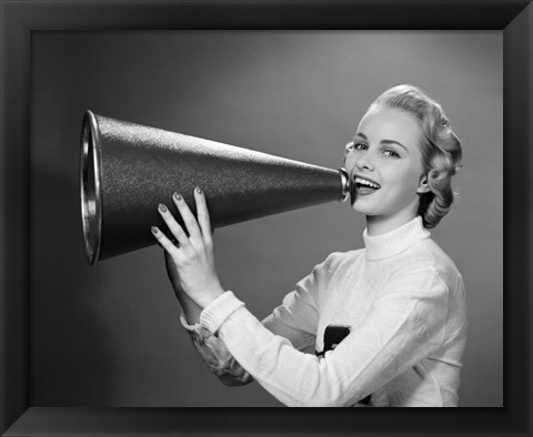 Framed Cheerleader Yelling Into Megaphone Print