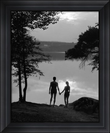 Framed Man And Woman In Bathing Suits Holding Hands Watching Sunset Lakeside Print
