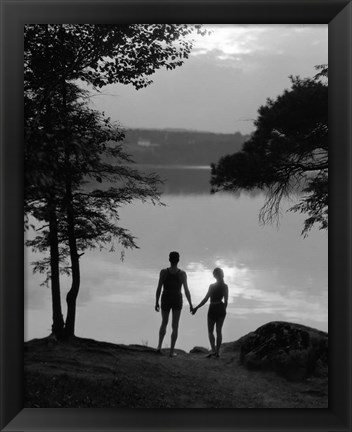 Framed Man And Woman In Bathing Suits Holding Hands Watching Sunset Lakeside Print