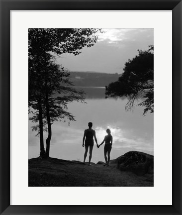 Framed Man And Woman In Bathing Suits Holding Hands Watching Sunset Lakeside Print