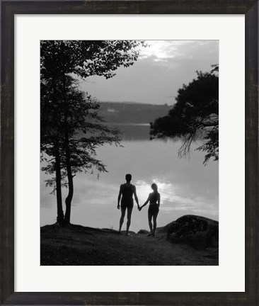 Framed Man And Woman In Bathing Suits Holding Hands Watching Sunset Lakeside Print