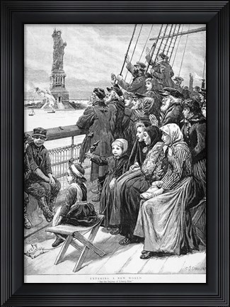 Framed Group Of Arriving Immigrants Huddled On Ship Deck Waving At Statue Of Liberty Print
