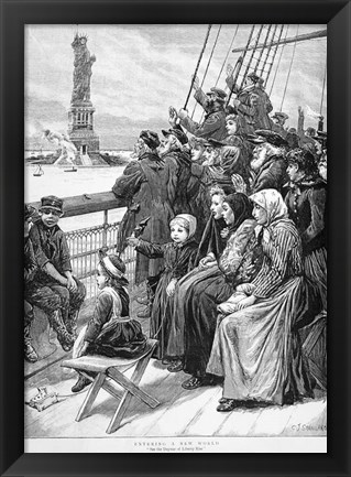 Framed Group Of Arriving Immigrants Huddled On Ship Deck Waving At Statue Of Liberty Print