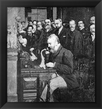 Framed Engraving Of Alexander Graham Bell Making First Long Distance Telephone Call From New York To Chicago In 1892 Print