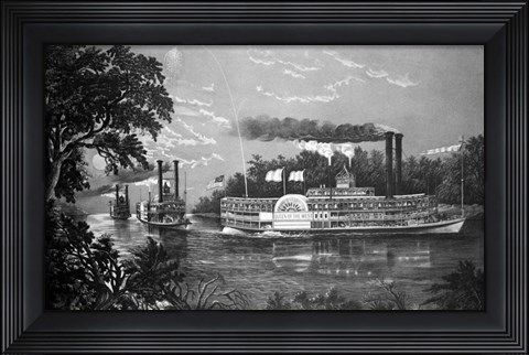 Framed Steamboats Rounding A Bend On Mississippi River Parting Salute Currier &amp; Ives Lithograph 1866 Print