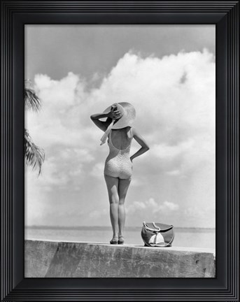 Framed Woman Standing On Tropical Beach Wall Print