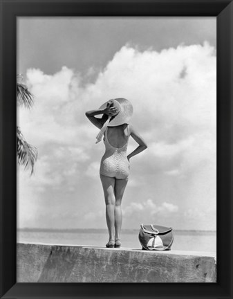 Framed Woman Standing On Tropical Beach Wall Print