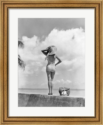 Framed Woman Standing On Tropical Beach Wall Print