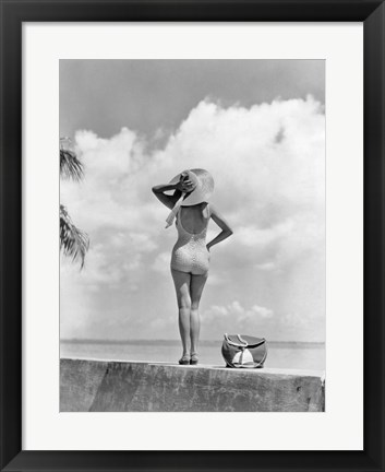 Framed Woman Standing On Tropical Beach Wall Print