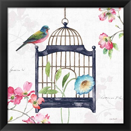Framed Dogwood Garden V Navy Print