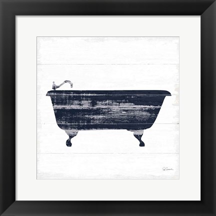 Framed Shiplap Bath I Navy Print