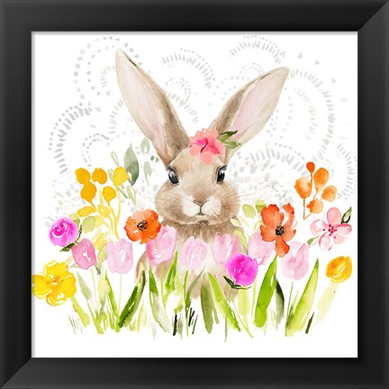 Framed April Flowers &amp; Bunny I Print