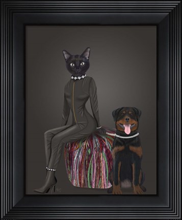 Framed Black Cat and Rottweiler Print