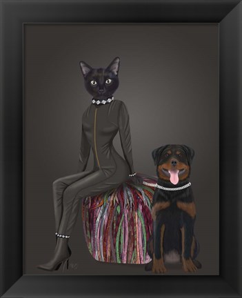 Framed Black Cat and Rottweiler Print