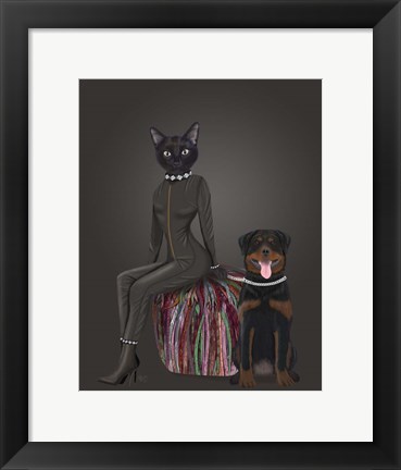 Framed Black Cat and Rottweiler Print