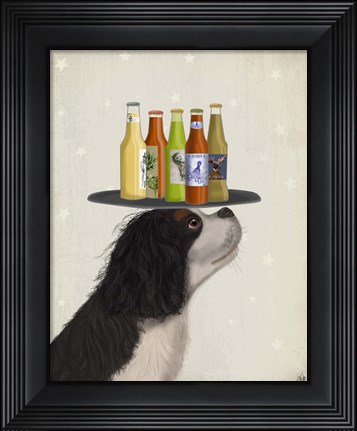 Framed King Charles Spaniel Black White Beer Lover Print