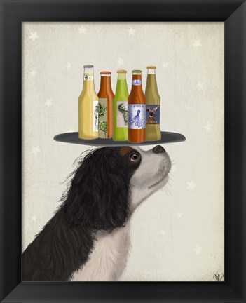 Framed King Charles Spaniel Black White Beer Lover Print