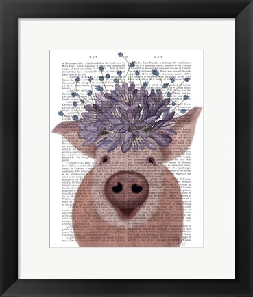 Framed Pig and Lilac Flowers Book Print Print