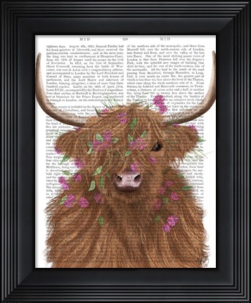 Framed Highland Cow 1, Pink Flowers Book Print Print