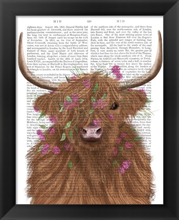 Framed Highland Cow 1, Pink Flowers Book Print Print