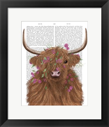 Framed Highland Cow 1, Pink Flowers Book Print Print