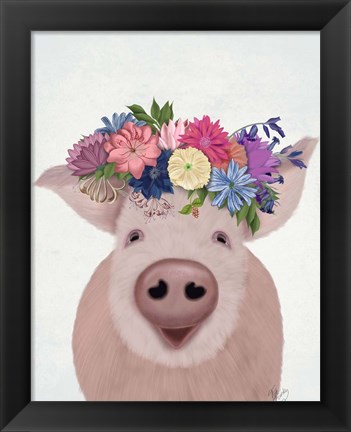 Framed Pig and Flower Crown Print