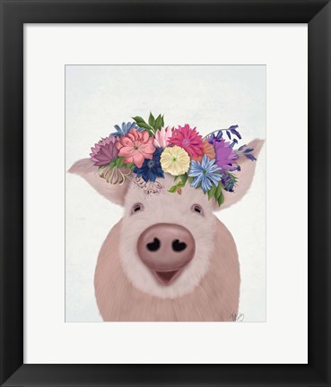 Framed Pig and Flower Crown Print