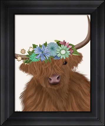 Framed Highland Cow with Flower Crown 2, Portrait Print
