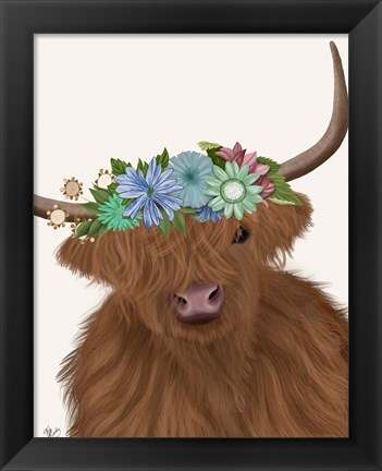 Framed Highland Cow with Flower Crown 2, Portrait Print