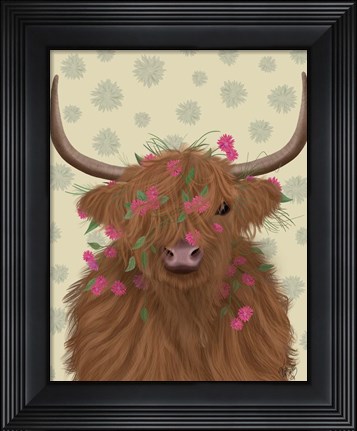 Framed Highland Cow 1, Pink Flowers Print