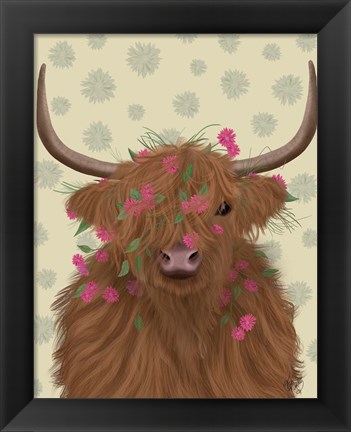 Framed Highland Cow 1, Pink Flowers Print